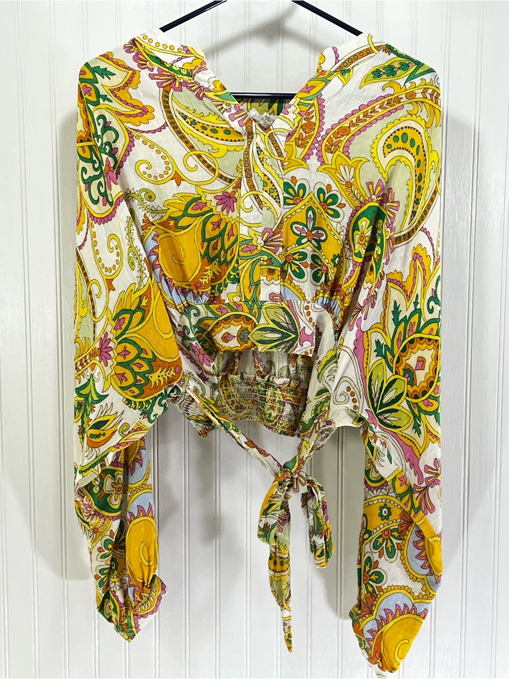 Haute Hippie Paisley faux wrap tie front Crop Top - Yellow, Green & Pink boho M - Picture 2 of 10